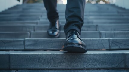 Obraz premium A business person walking up the stairs in a modern urban environment, showcasing stylish footwear and a determined expression, symbolizing progress and professionalism.