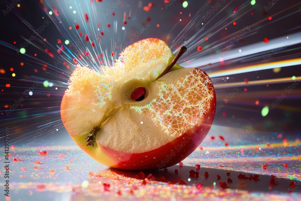 Poster a fresh apple explodes with sparkling energy and vibrant colors in a creative display