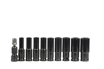 Top view of a set of chrome vanadium sockets for a ratchet, wrench, or spanner, isolated on white background.