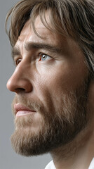 Obraz premium A minimalist yet powerful image of Jesus in contemporary clothing, emphasizing the gentle interplay of light and shadow to convey a sense of inner peace and faith.