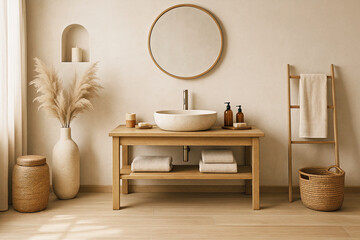 Minimal boho vanity with wood textures and soft natural light