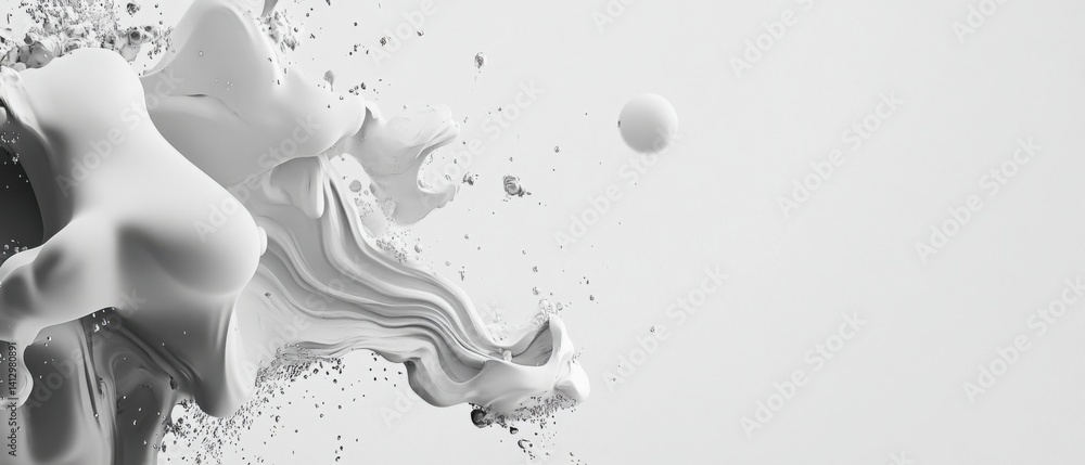Poster abstract monochrome background with dynamic white paint splash and sphere, showcasing fluid motion a