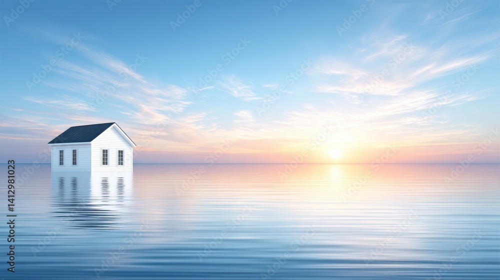 Poster a surreal scene of a house partially submerged in calm water, illuminated by a soft sunrise and surr