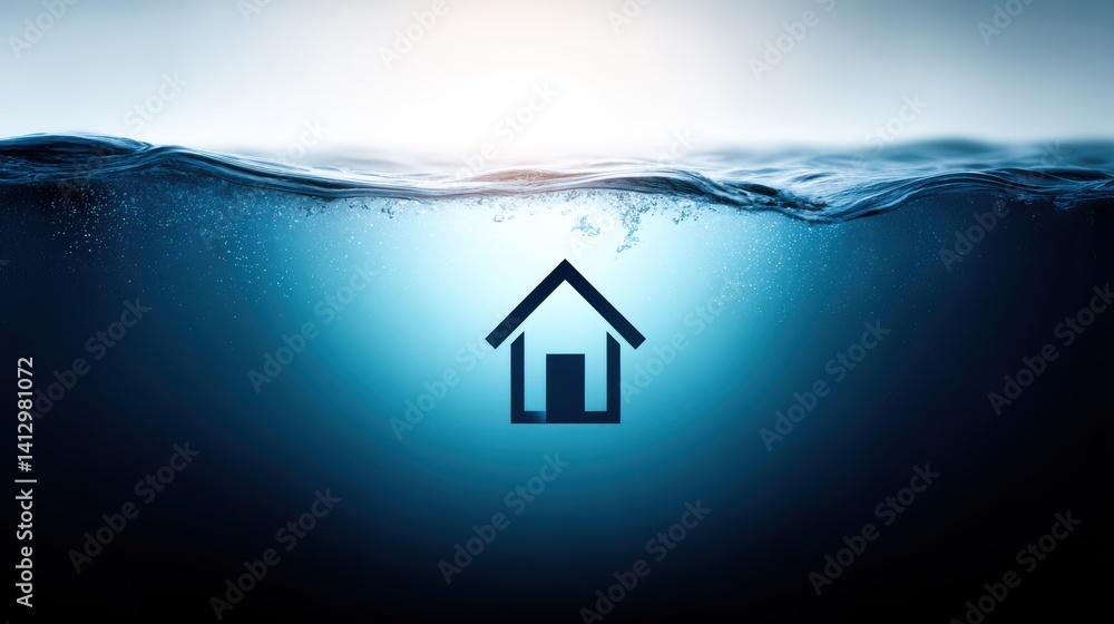 Poster a minimalist image showing a house icon submerged underwater, with light filtering through the surfa