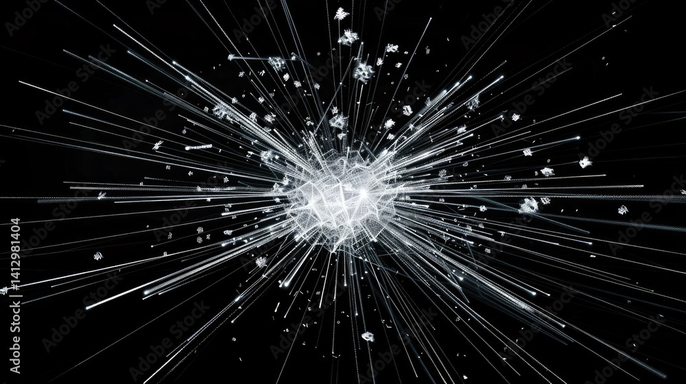 Poster a vibrant explosion of white spheres radiates in a dynamic display against a black neon background, 