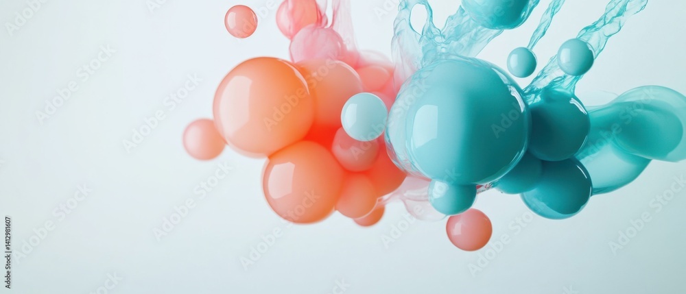 Poster abstract 3d render of spheres and fluid in pastel colors, modern art design with dynamic motion and 