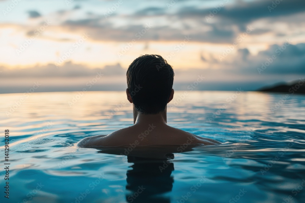 Poster man enjoying sunset view while relaxing in tranquil pool water at seaside