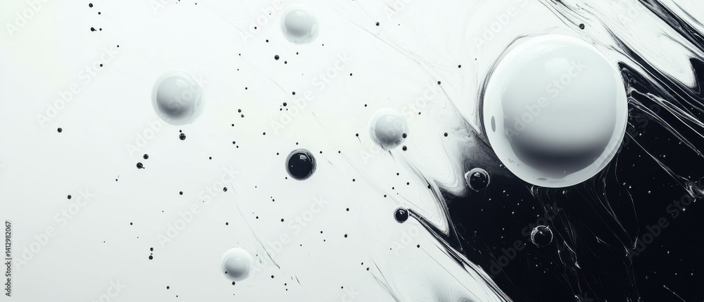 Poster abstract monochrome background with floating spheres and ink swirls creating a modern, minimalist de