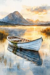 Obraz premium Watercolor serene landscape with rowboat on a calm lake at golden sunrise