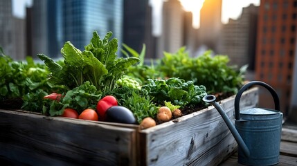 Urban rooftop garden brimming with fresh vegetables.