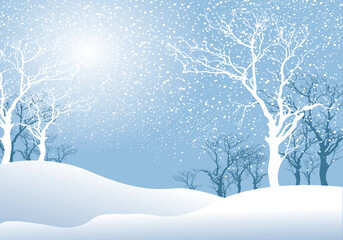 A peaceful winter wonderland scene with snow-covered hills