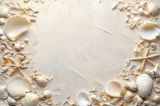 Summer vacation background with seashells and starfish frame Ultra HD photo