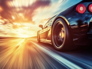 Black Sports Car on Road: A sleek black sports car blazes down an open highway, its tires leaving streaks of motion as it catches the golden rays of the setting sun.