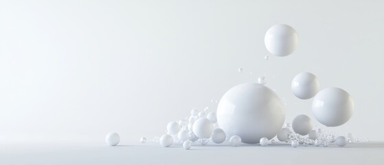 Abstract White Spheres Composition, Clean Minimalist Background with Floating Balls and Bubbles for Modern Design and Purity Concept