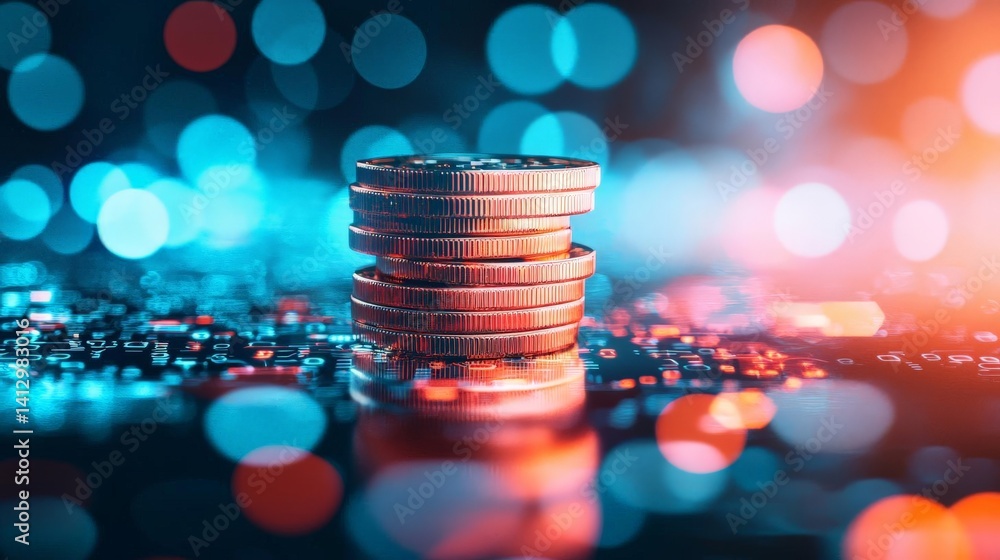 Poster a close-up shot of a stack of coins highlighting their texture and detail in a financial setting for