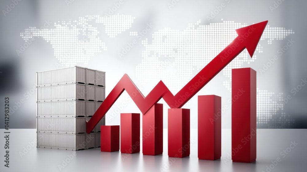 Poster a stylized representation of growing financial trends with bar graphs and shipping containers agains