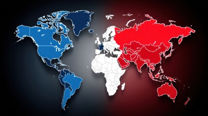 A stylized world map divided into blue and red regions, highlighting geographical differences and possibly political or cultural boundaries.