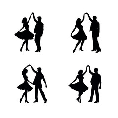 Black vector silhouettes of people illustrate fashion, beauty, shopping, dance, and fun for men and woman.