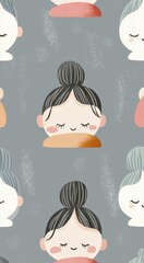 Obraz premium Cute sleepy face character seamless pattern grey textured backdrop