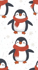 Fototapeta premium Penguins Wearing Red Scarves on Snowy White Background - Winter Animals