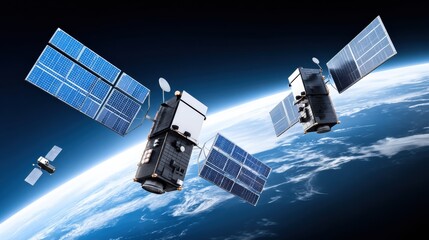A futuristic view of multiple satellites orbiting Earth, showcasing their solar panels against a backdrop of blue planet and space.