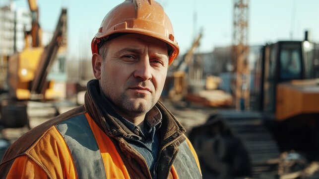 A portrait of a mid-thirties Russian man dressed in construction gear, showcasing a serious expression while standing outdoors at a busy job site.