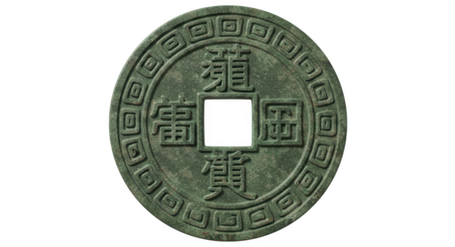 Close up of an old chinese coin with square hole and raised characters on a black background