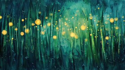 Fototapeta premium A painting of a field of grass with many glowing lights in the background