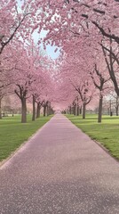 Fototapeta premium Pink blossoms arch over pathway, petals strewn below.