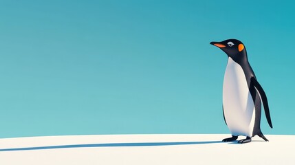Obraz premium A solitary penguin stands on a snowy landscape under a clear blue sky, evoking tranquility