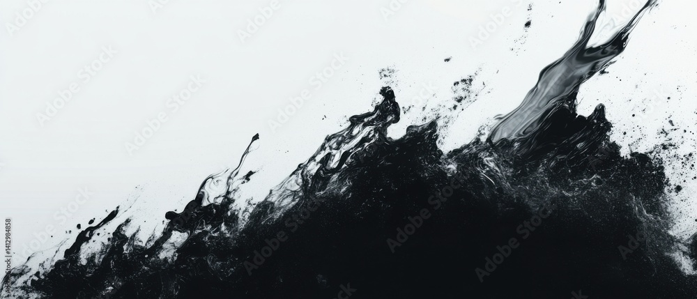 Poster abstract black ink explosion on white background creating dynamic fluid texture and artistic pattern