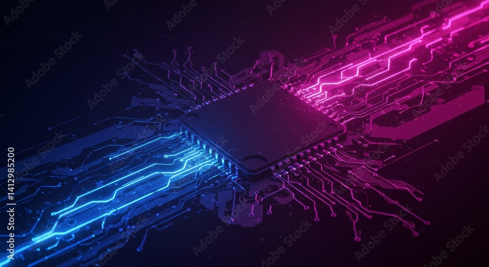 Poster circuitry technology innovation - futuristic technology, glowing circuits, data processing, network 