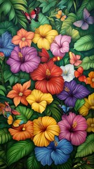 Fototapeta premium Colorful hibiscus blossoms, butterflies, lush green foliage.