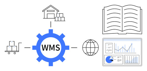 Gear labeled WMS connects warehouse, analytics dashboard, cart, globe, and manual. Ideal for logistics, inventory control, supply chain planning, warehouse solutions data tools global networking
