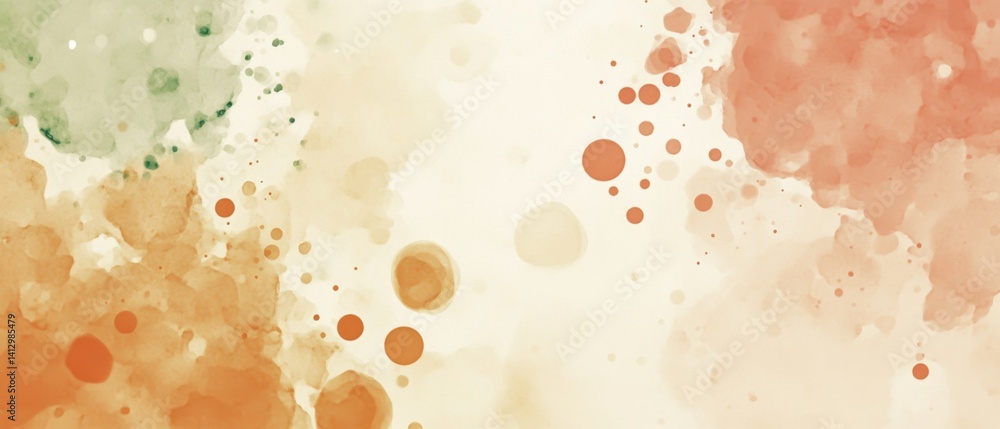 Poster abstract watercolor background with orange, green and peach hues, creating a soft and artistic textu