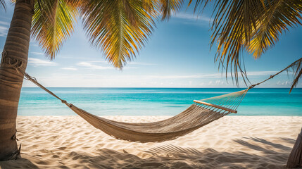 Tropical beach with hammock between palm trees on white sand under blue sky, perfect vacation and relaxation concept