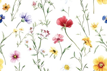 Watercolor floral seamless pattern with wildflowers on white background.