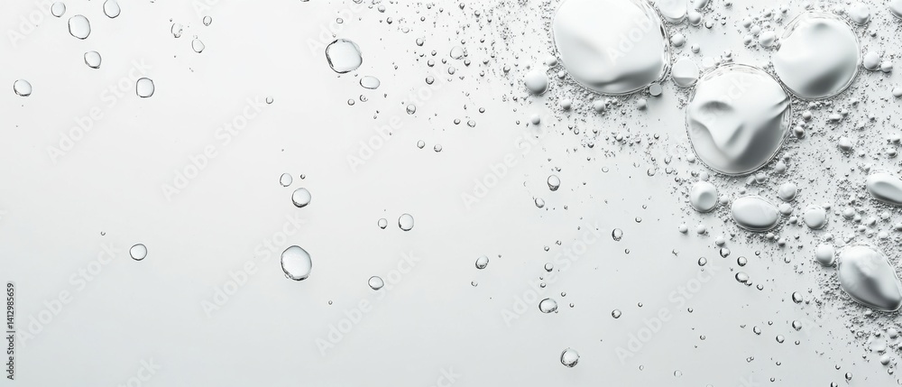Poster abstract macro photography of water droplets and oil bubbles on a white surface, creating a clean an
