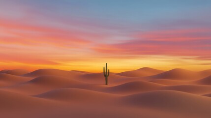 Sunset over sandy dunes; lone cactus stands tall.
