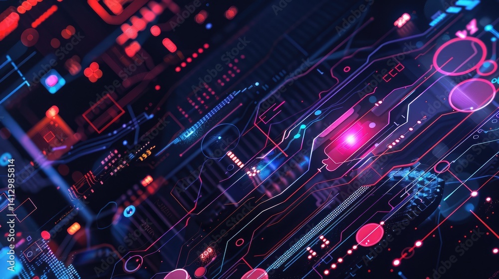 Poster explore a modern interactive digital background featuring vibrant colors and circuit-like patterns, 