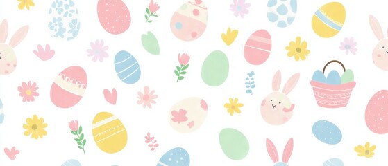 Pastel Easter Pattern with Bunny and Eggs for Spring Holiday Celebration, Featuring Cute Floral Elements and Festive Design on White Background