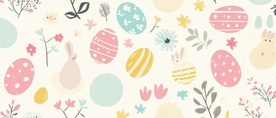 Pastel Easter Pattern with Decorated Eggs, Bunnies, and Flowers on Cream Background Cute Spring Holiday Design for Textile, Wrapping Paper, and Festive Decoration