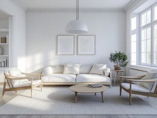 Serene Interior: Capturing a calming interior scene featuring a modern living space. This picture showcases a comfortable sofa, natural light, and minimalist design.