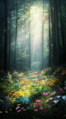 Obraz premium Sunlit forest clearing, vibrant wildflowers, lush greenery.