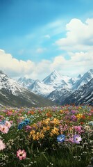 Vibrant wildflowers bloom before snowy mountains.