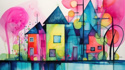 Naklejka premium Brightly colored houses stand against a backdrop of vivid trees and playful circles, creating a lively and whimsical atmosphere reminiscent of a sunny day