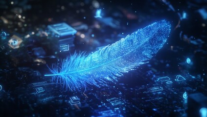 Glowing feather on a circuit board, digital art