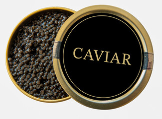 The lid lifted partially from a can of caviar on white background. Gourmet seafood delicacy. 