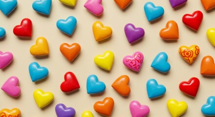 Colorful Hearts Background - A collection of vibrant, colorful hearts arranged on a light beige background, symbolizing love, joy, unity, affection, and happiness