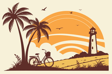 36 Tropical sunset, silhouette of palm trees, lighthouse, bicycle with basket, golden sky, orange gradient, dramatic lighting, vibrant colors, beach scene, vector art style, minimalist landscape, warm